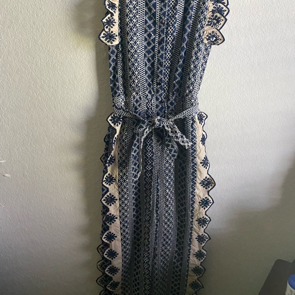 Chloe Laetitia Ruffle Detail Embroidered Eyelet Blue Cream Belted Jumpsuit Sz S - Picture 6 of 16